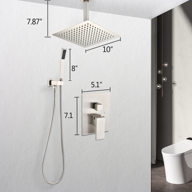 Ceiling Mounted Shower System Kit With Brushed Nickel. 10" Head & Handheld. Natural Rainfall Simulation. Self-cleaning Nozzle. For Bathroom. Brass. Nickel Mount Assembly Kit. Feeling. Bathroom .