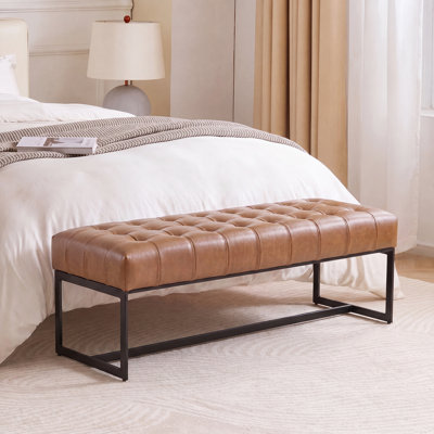 130cm Wide Genuine Leather Bench Tufted Iron Frame 