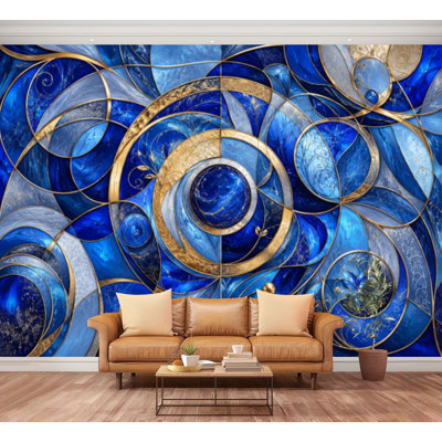 Wall Mural Peel and Stick Wallpaper Stained Glass Effect Cobalt Blue Abstract Patterns Interlocking Shapes Self-Adhesive Removable Contact Paper Wall Decor for Living Room Bedroom 100"H x 144"W