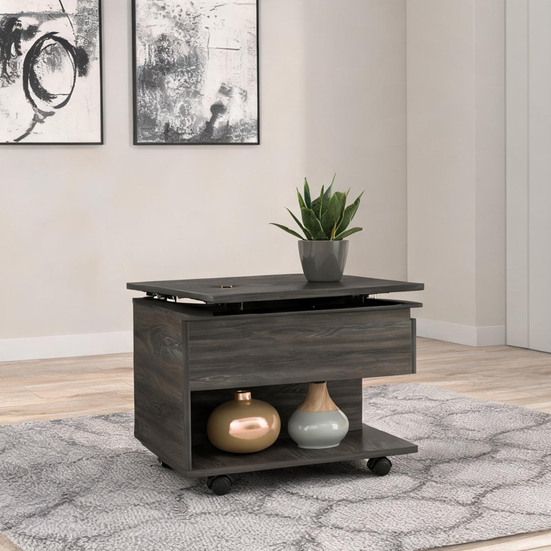 Table basse à plateau relevable moderne sur roulettes verrouillables avec rangement dissimulé et tablette ouverte au fini brun