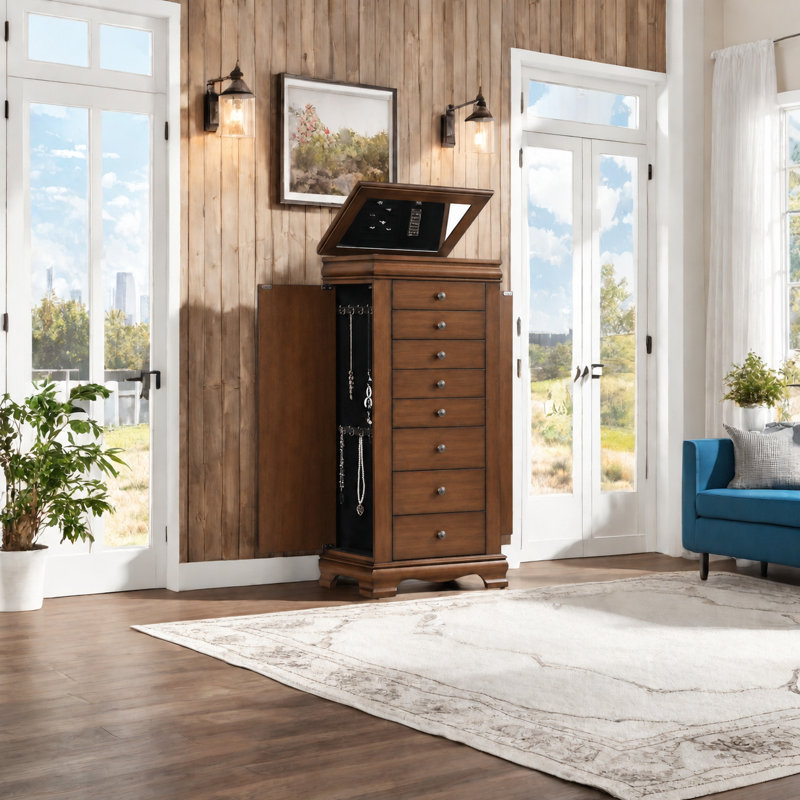 Armoire à bijoux autoportante avec miroir, 8 tiroirs, crochets latéraux pour colliers et rangement doublé de velours, brun noyer