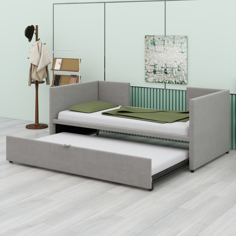Upholstered Daybed With Pop Up Trundle, Gray