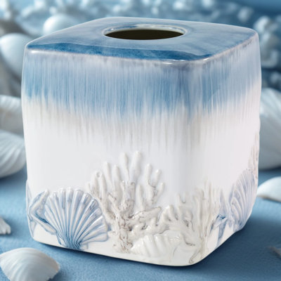 Ceramic Tissue Box Cover, Coastal Bathroom Accessory With Abstract Seashell Design For Home Decor