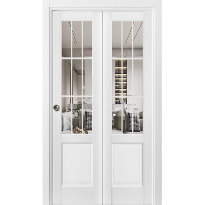 Sliding Closet Bi-Fold Doors | Felicia 3599 White Silk With Clear Glass | Sturdy Tracks Moldings Trims Hardware Set | Wood Solid Bedroom Wardrobe Doors