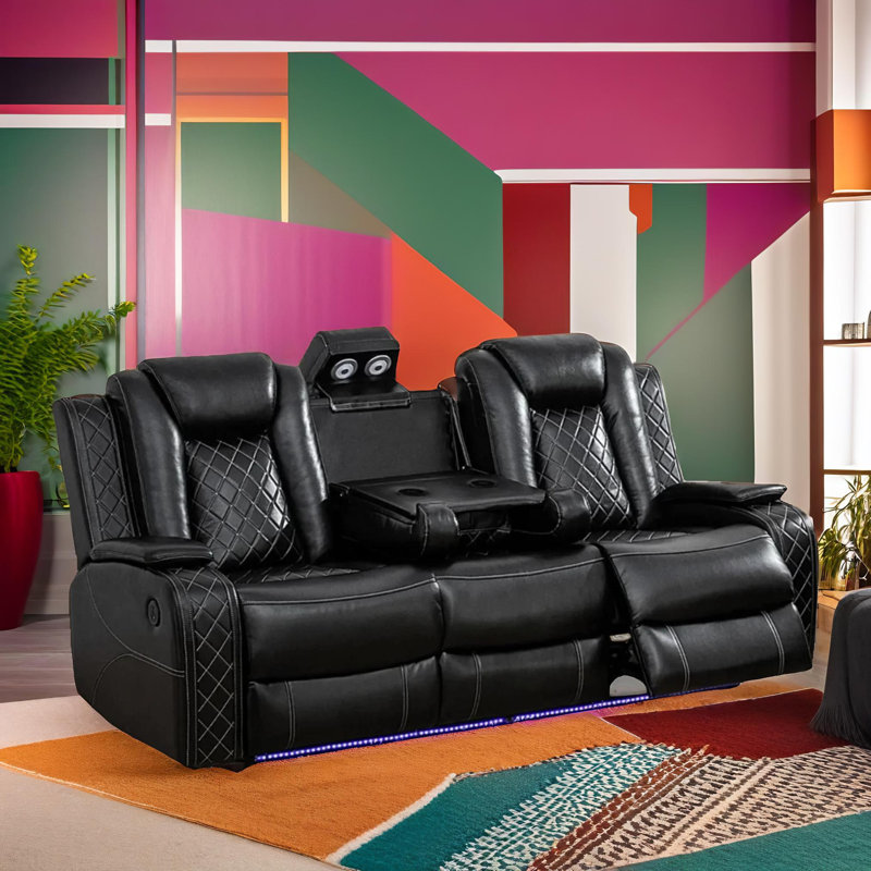 Soren Dark Vegan Leather   Reclining  Sofa With Cup-Holders ,Wireless Charging And LED Lights