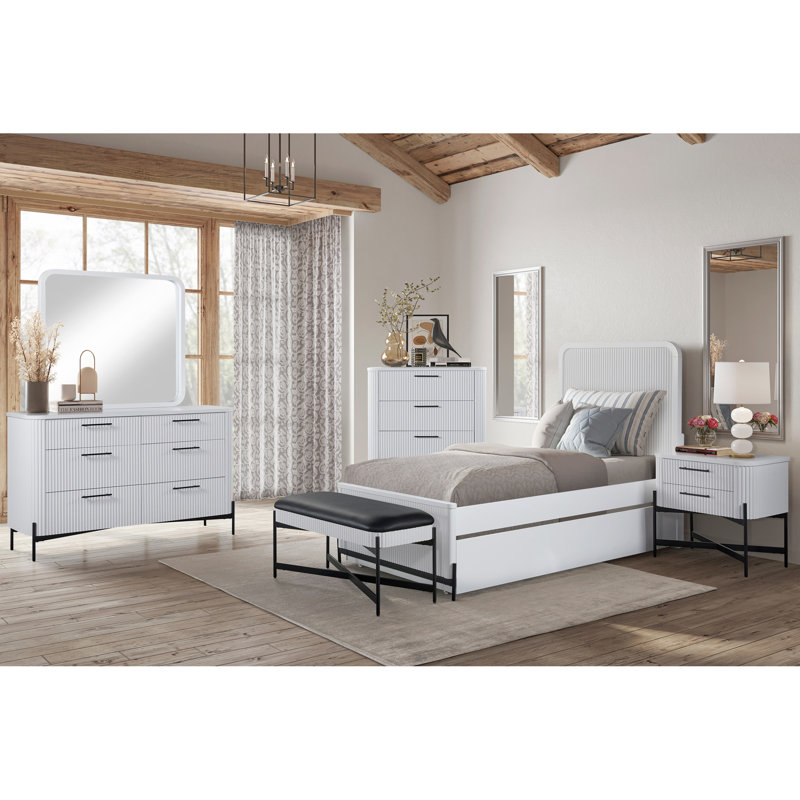 Table de chevet blanche 2 tiroirs avec port de type C, bois massif +, accents métalliques, base décorée