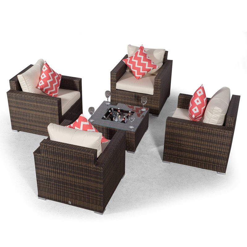 Villatoro Brown Rattan 4 X Armchairs With Square Ice Bucket Coffee Table, Outdoor Patio Garden Furniture