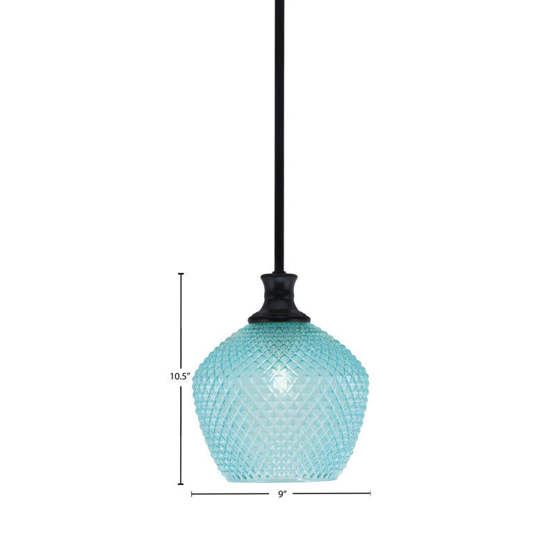 Luminaire suspendu Quapaw avec verre texturé turquoise, Noir mat, H 10,5 po x l 9 po x P 9 po