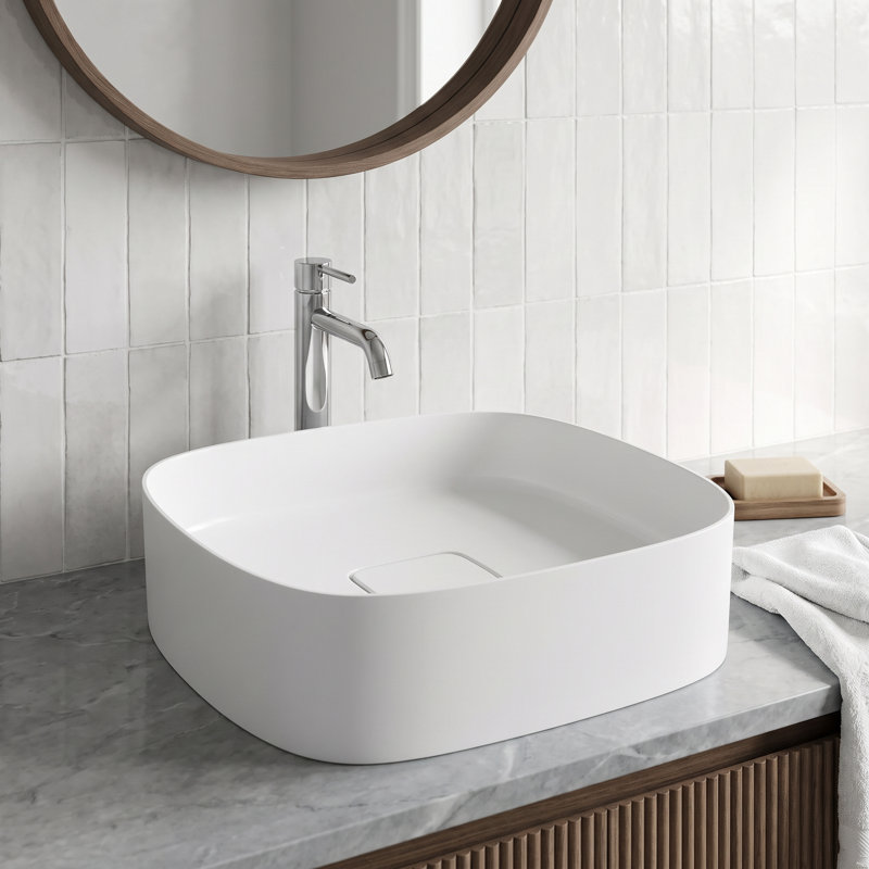 VIGO UltraThin™ 16-in L x 14-in W Matte White Matte Stone™ Vessel Rectangular Minimalist Bathroom Sink