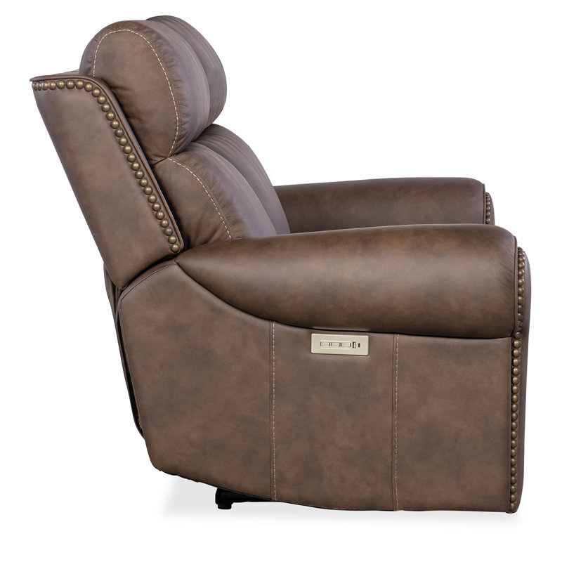 Kalahari Camel Leather Reclining Loveseat with Rolled Arms and Nailhead Trim