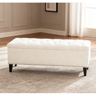 47.5" Storage Ottoman, Storage Bench With Safety Close Hinge, Linen Button-Tufted Ottoman For Living Room, Entryway, Hallway, Foot Rest, Support 500Lbs - Beige