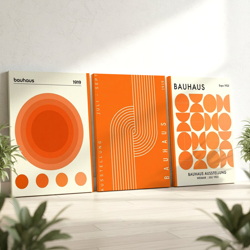 Art mural abstrait géométrique de 3 pièces avec de grands motifs orange audacieux, art mural trois pièces pour le salon, la chambre à coucher, le bureau et la maison