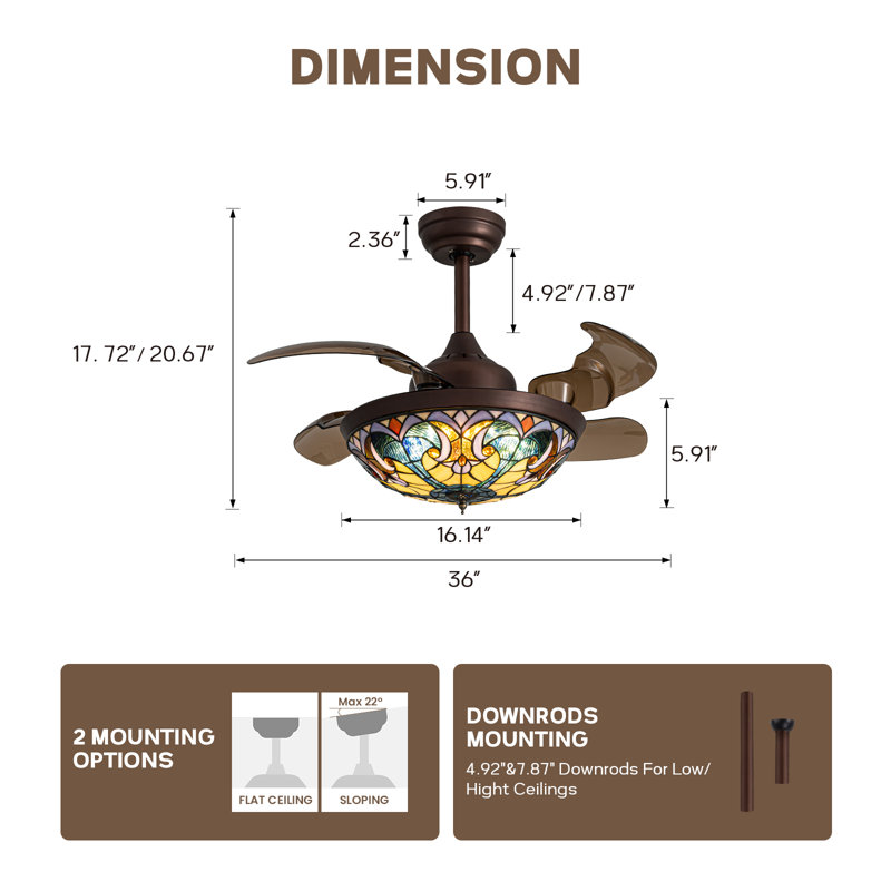 Ventilateur de plafond rétractable en verre 36 po Tiffany