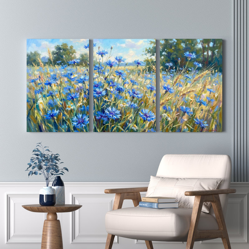 Bleu champ de bleuet, ensemble de 3 reproductions d'art sur toile tendue sur toile tendue pour salon, H 18 po x l 36 po