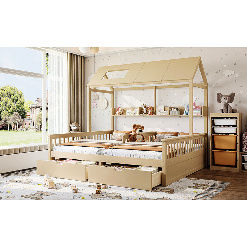 Lit plateforme simple double, couleur naturelle, design enfantin, soutien solide, tiroirs de rangement sur la structure de la maison, fonction, construction solide, sécuritaire pour