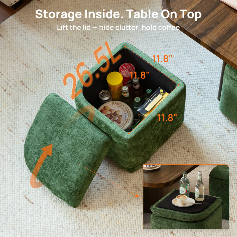 Coffee Table With 4seat Storage, Mid-century Modern Coffee Tables With 4 Chenille Ottomans , Center Table