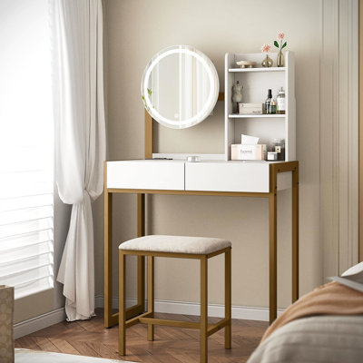 Vanity Desk For Bedroom With 3 Lighting Modes, Built - In Power, Drawer, Open Shelves And Padded Stool, White Gold Makeup Table Led Mirror, Adjustable Lighting, Power Outlet,