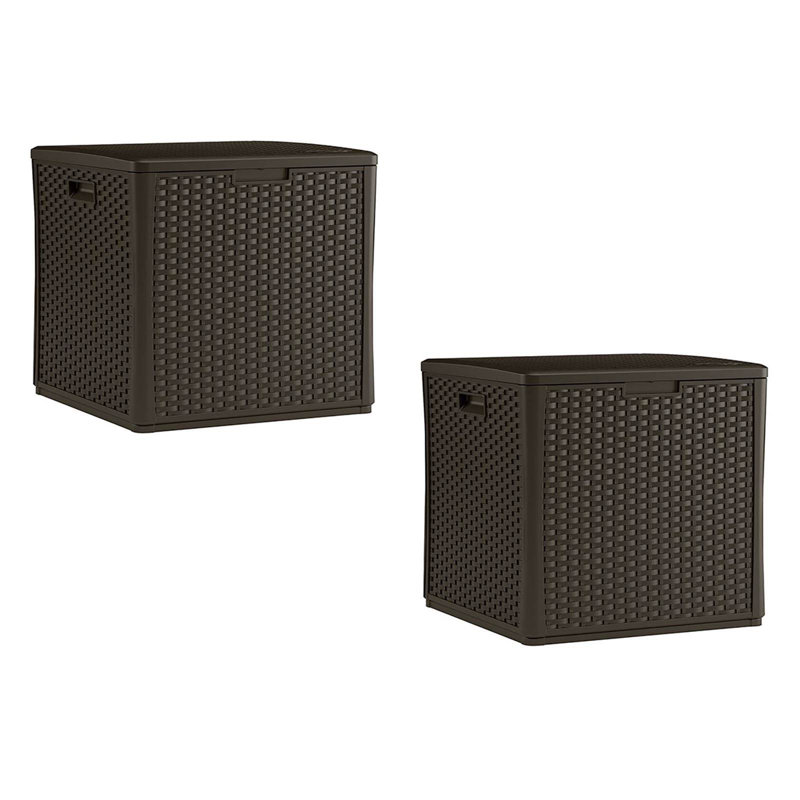 Suncast 60 Gallon Resin Wicker Design Cube Shape Storage Deck Box, Java