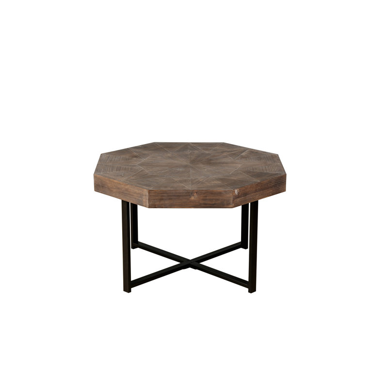 Table basse rétro en bois octogonale avec des pieds en métal fermes en brun antique pour une table de style espace de vie, brun et mixte