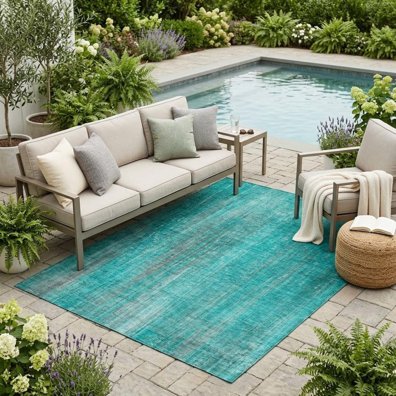 Tapis extérieur lavable antidérapant à rayures bleu sarcelle 5 pi x 8 pi