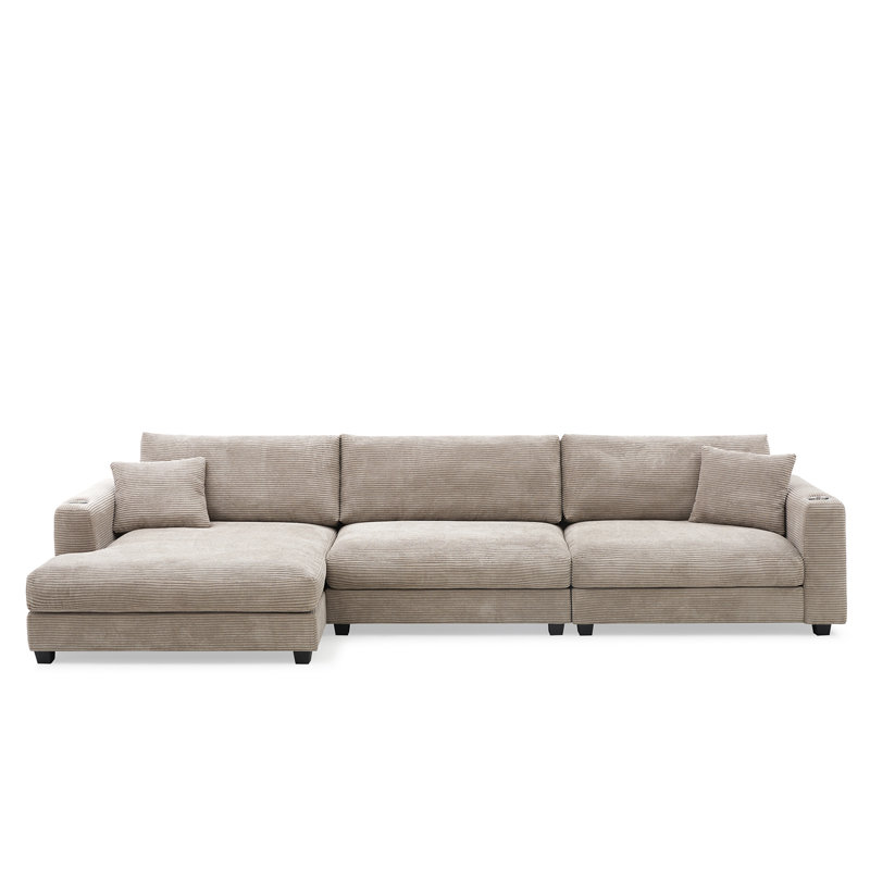 Ahrent Oversized Corduroy Sectional Sofa with Cup Holder, L Shaped Cloud Couch with USB Charging Port, Deep Seat Sofa Bed with Chaise
