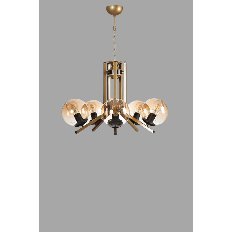 Lustre élégant en métal doré et miel, hauteur réglable, 29,5 po x 5,9 po | 5 x douilles E27 (40 W maximum) | Certifié IP20 | Parfait pour la salle à manger et les espaces de vie, conception élégante en verre, ampoule non incluse