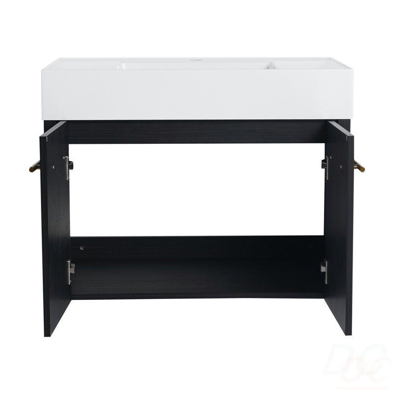 Meuble-lavabo mural de 30 po avec lavabo et support de rangement, lavabo en résine à rebords épais, ensemble KD, 30"