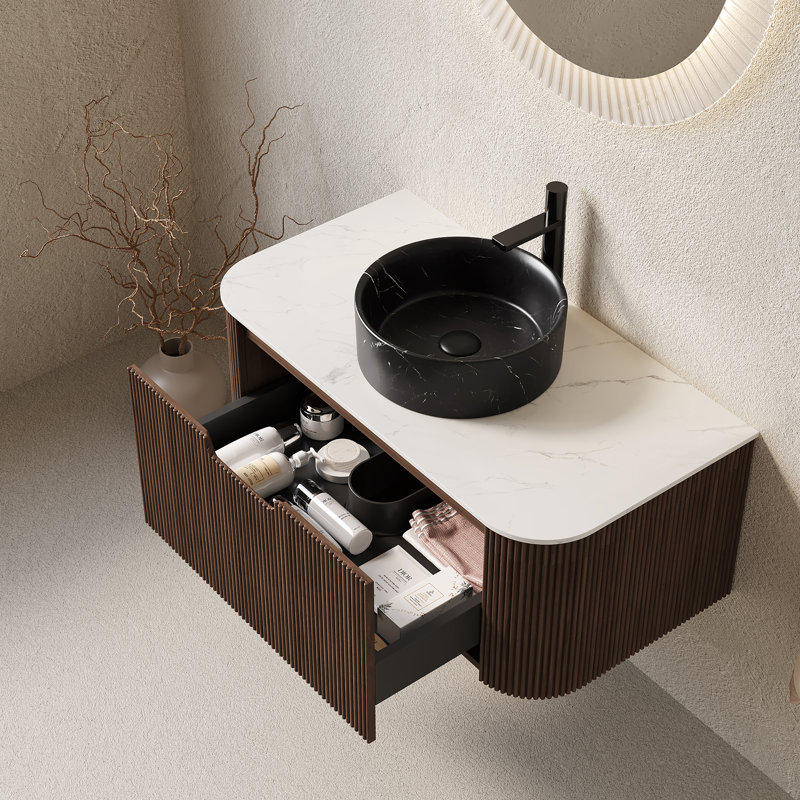 Meuble-lavabo et lavabo flottant Modern, cuve en pierre noire, finition noyer