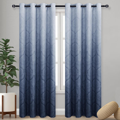2 Panels Ombre Blackout Curtains for Bedroom - Damask Patterned Thermal Insulated Grommet Curtains, Gradient Window Curtain Panels for Living Room Decoration