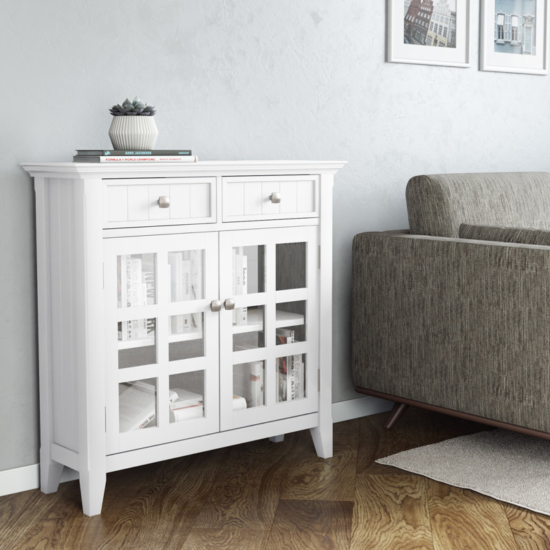 Simpli Home Acadian 36"W Solid Wood 2-Shelf Entryway Storage Cabinet with Glass Doors and 2 Drawers