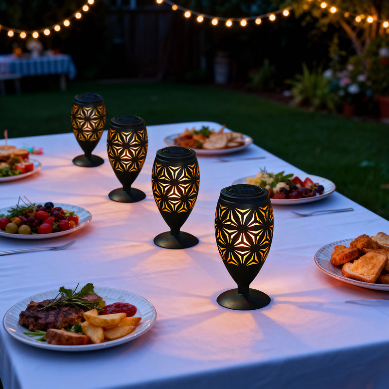 8.75"H Black Metal Cutout Geometric Pattern Solar Powered Outdoor Lantern With LED Light, Geometric star