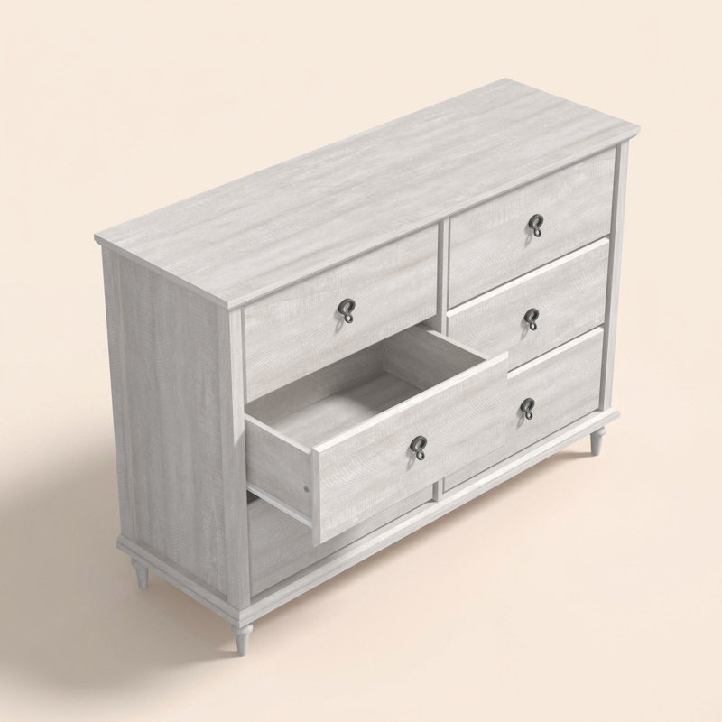 Commode double Aleana 46,2 po L, pieds fuselés en bois massif, 6 tiroirs, Chêne gris cendré