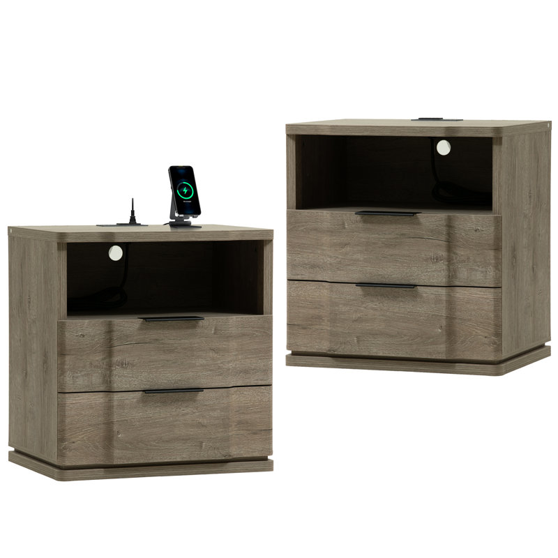 Tablette de chevet sculpturale à deux tiroirs avec tablettes ouvertes et prise de courant USB Type-C, Gris clair patiné, 2