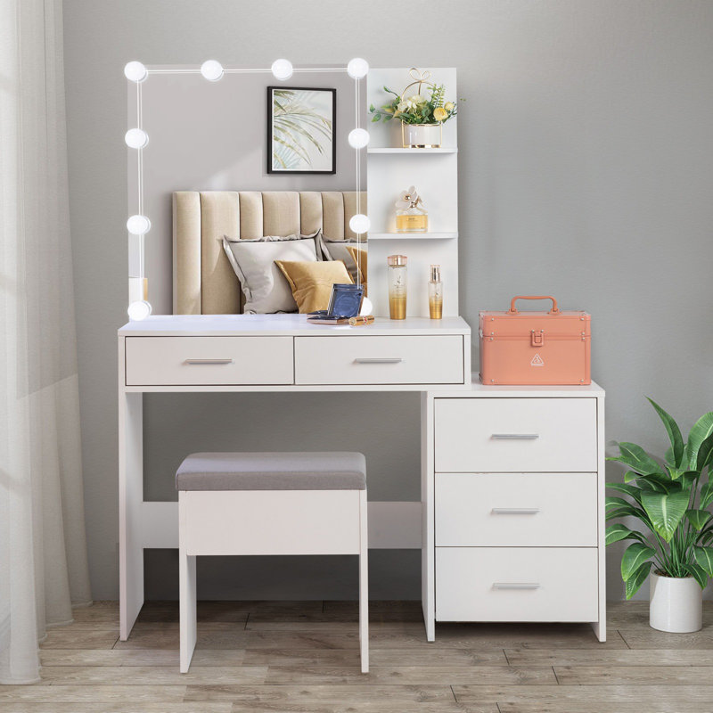 Ensemble de coiffeuse blanche avec tabouret - Placage de particules de triamine, 5 tiroirs + 2 tablettes + armoire à miroir, 3 lumières à intensité variable, poignées en métal