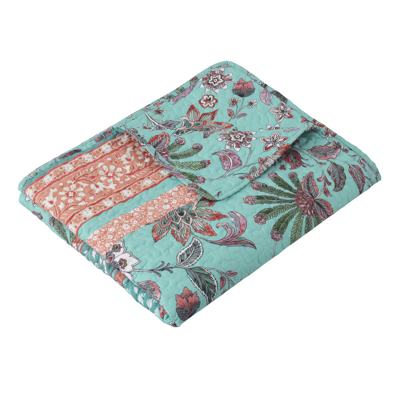 Turquoise and Coral Floral Quilted Reversible Throw Blanket
