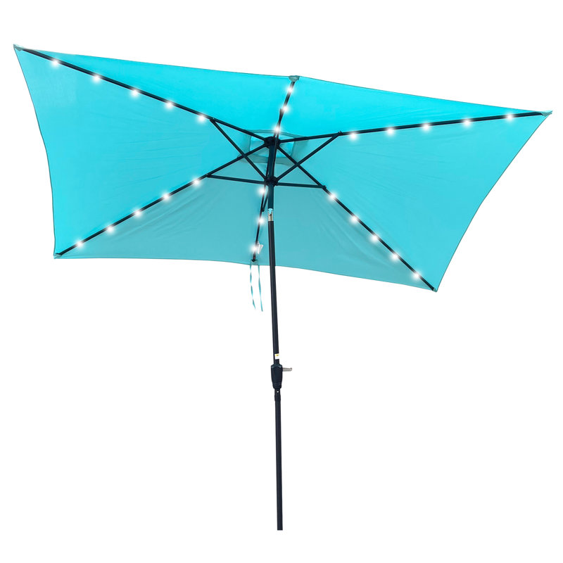 Parasol d'extérieur rectangulaire de 10 pi x 6,5 pi en turquoise - Lumières à DEL solaires, manivelle et bouton-poussoir inclinable pour le patio de la piscine arrière avec lumières imperméables, durabilité de l'auvent, jardin