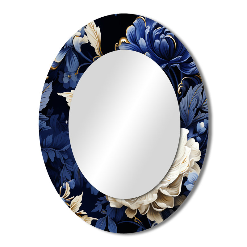 Motif victorien bleu cobalt de la Renaissance - Miroir décoratif floral ovale sur métal, H 43 po x l 33 po