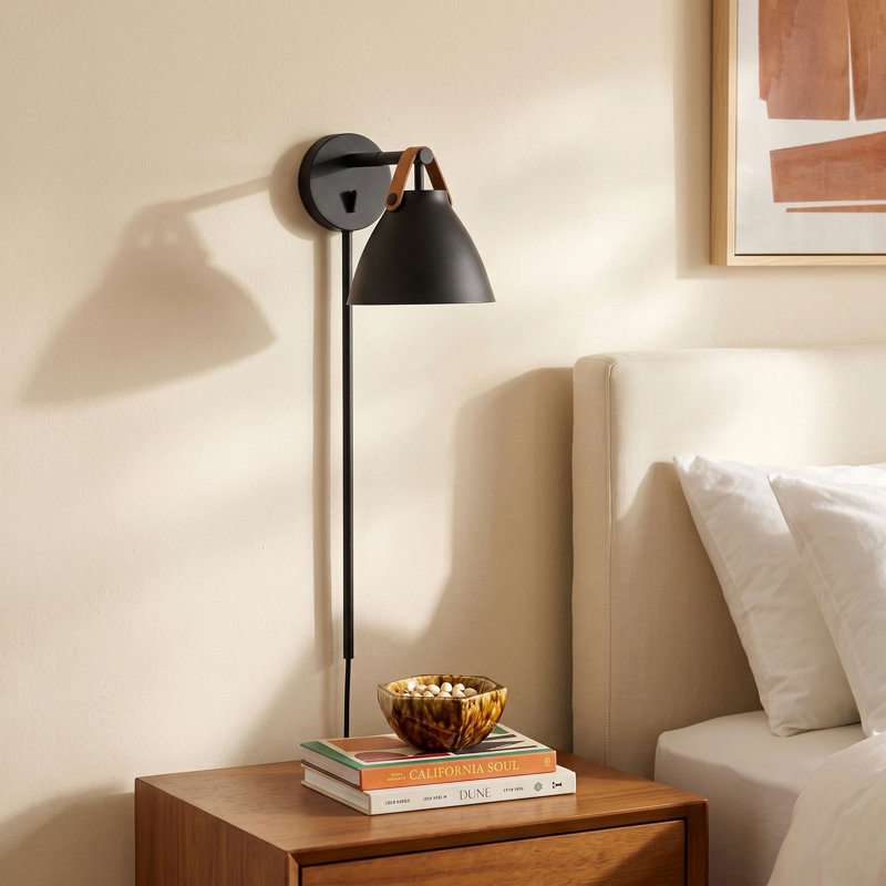 Gianni Plug-in Swing Arm Sconce, Tan Leather/Black