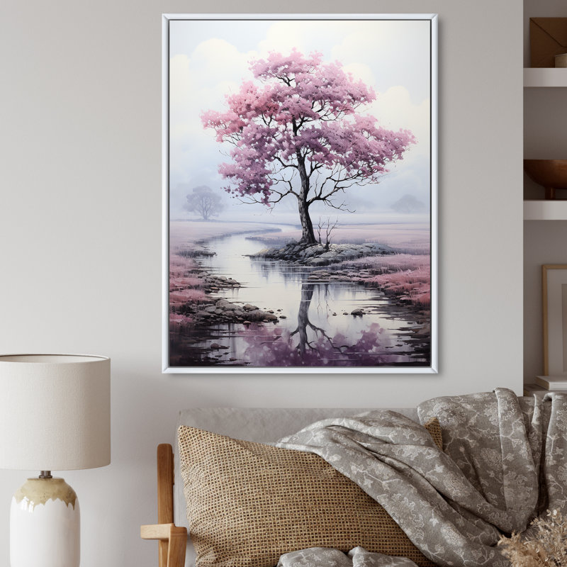 «Pink Tree Silent Whispers» - décoration murale florale, H 32 po x l 16 po x P 1 po, Cadre flottant blanc
