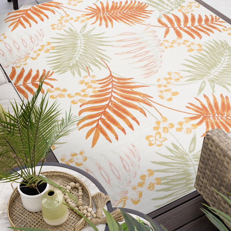 Valery Floral Reversible Flatweave Polypropylene Indoor / Outdoor Area Rug - Orange , Rectangle 5'3'' x 7'3''