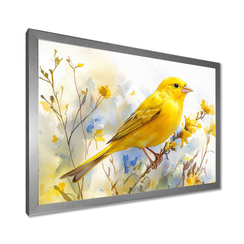 Iselis Finch, oiseau sur une tige de fleur sauvage IV - oiseau grand, art mural, H 16 po x l 32 po, Avec cadre, Argent argent
