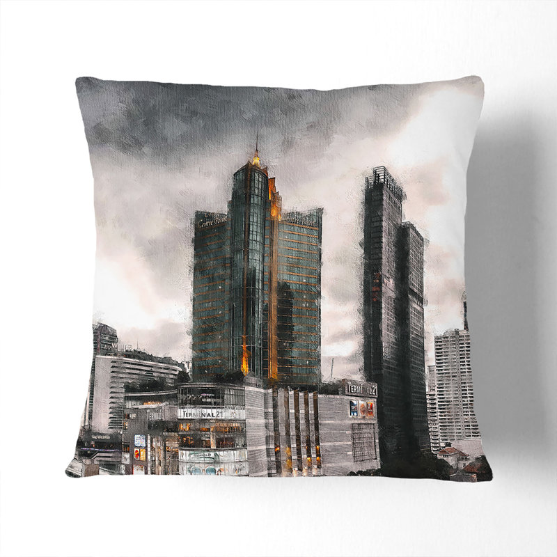 Skyline of Bangkok Thailand Cushion with Filling, Stone, 40cm H x 40cm W x 15cm D