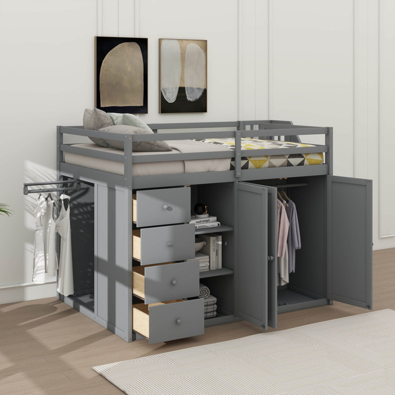 Full Size Wooden Loft Bed Equipped With Built-In Closets, Various Storage Compartments And Drawers For Bedroom, Gray