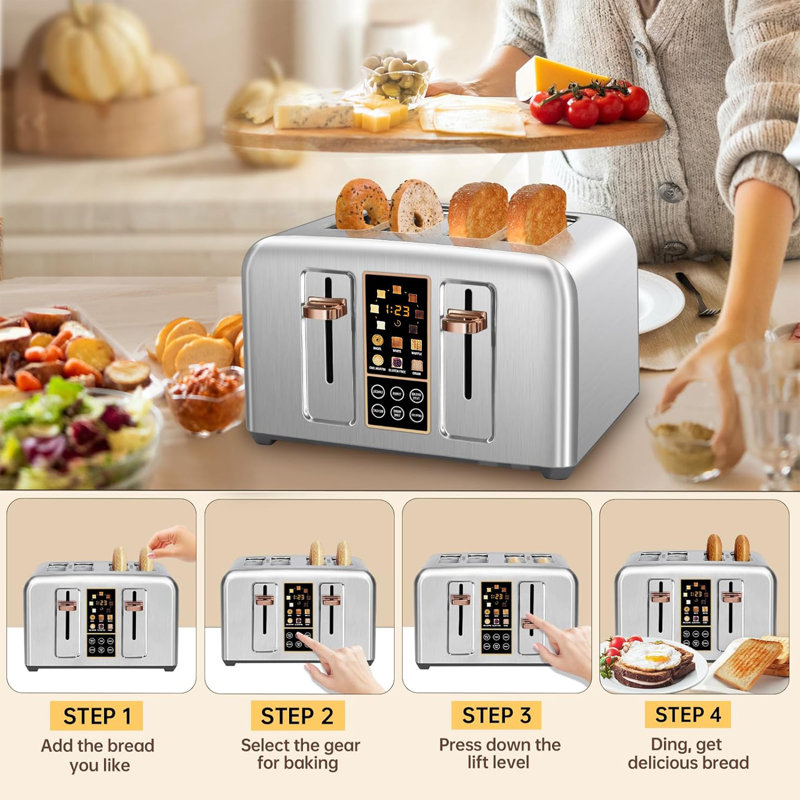 Seedeem Toaster 4 Slice, Stainless Toaster & Touch Control, Lcd Display, 6 Bread Type, 7 Shade Settings, 1.5'' Wide Slots, Cancel/defrost/reheat, Removable Crumb Tray, 1800w, Dark Metallic