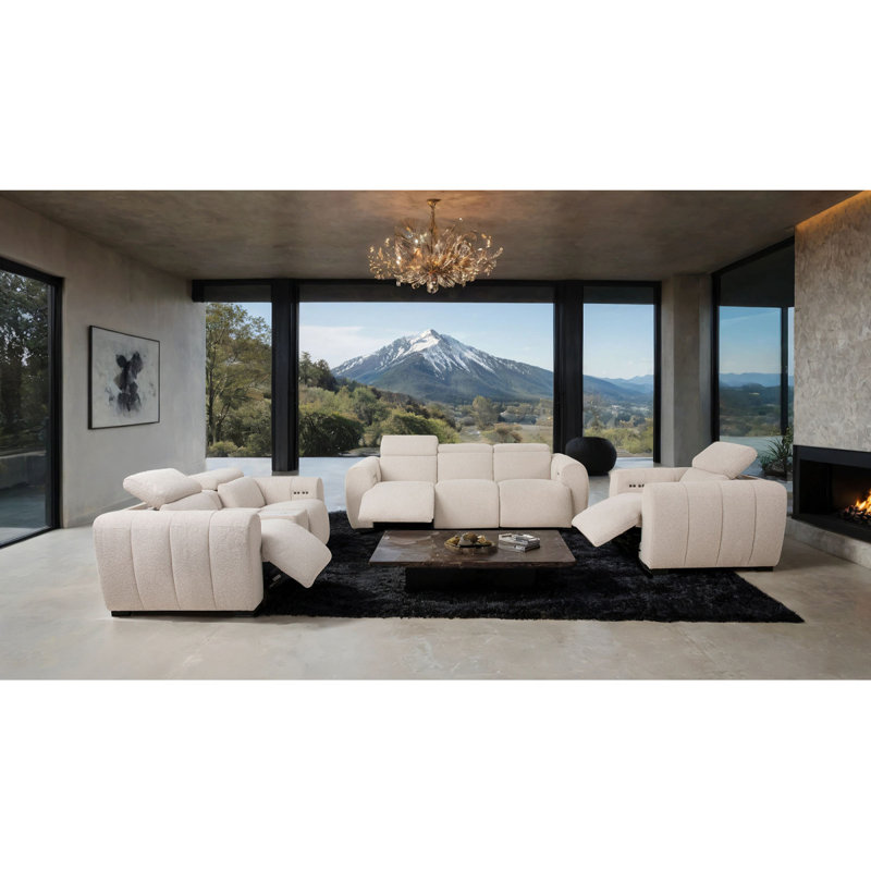 Fauteuil inclinable électrique de style contemporain avec accoudoirs larges et accoudoirs avec panneau à ressorts, ports USB et salon blanc