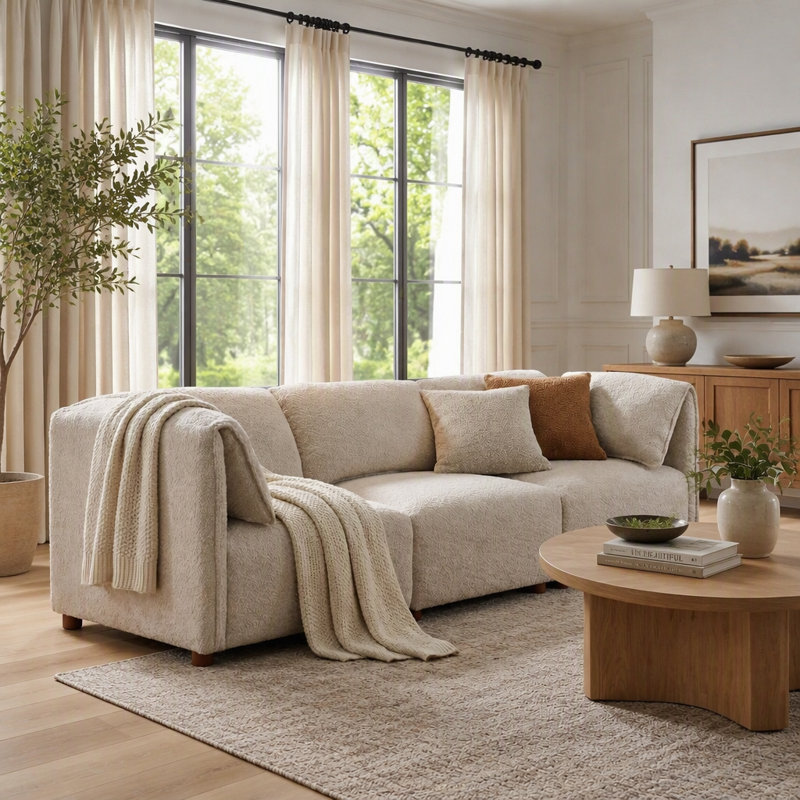 Canapé d'angle modulaire en tissu bouclé, avec configuration flexible et coussins profonds, idéal pour les espaces de vie modernes.
