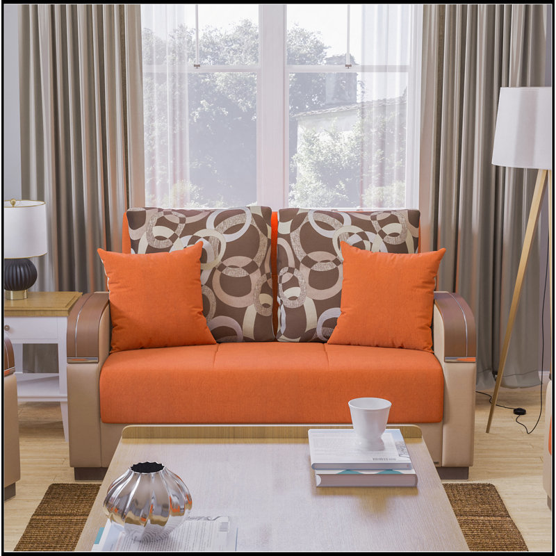 Causeuse convertible rembourrée avec rangement, orange, Orange, Beige