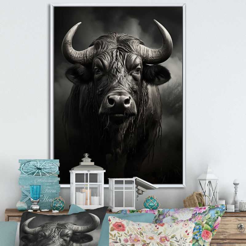 Gris gris Buffalo africain Extremely III - animaux, art mural, salon, H 20 po x l 12 po, Encadrement doré