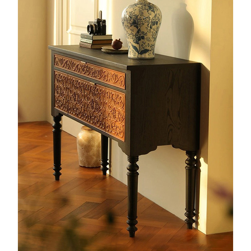 Console rétro en bois sculpté et noir avec relief floral, H 33,46 po x l 55,12 po x P 14,96 po