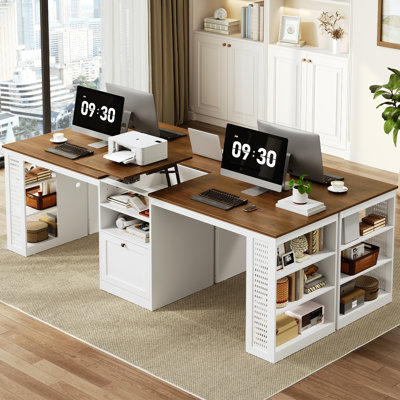 96.5" Double Computer Desk With Rising Table and Pegboard, Two Person Desk With Drawer & Shelves, Extra Long Writing Desk With File Drawer